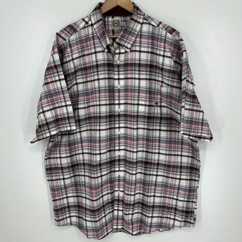 Cinch Mens XL Short Sleeve Plaid Button Down Shirt Pink Grey White Logo Pocket